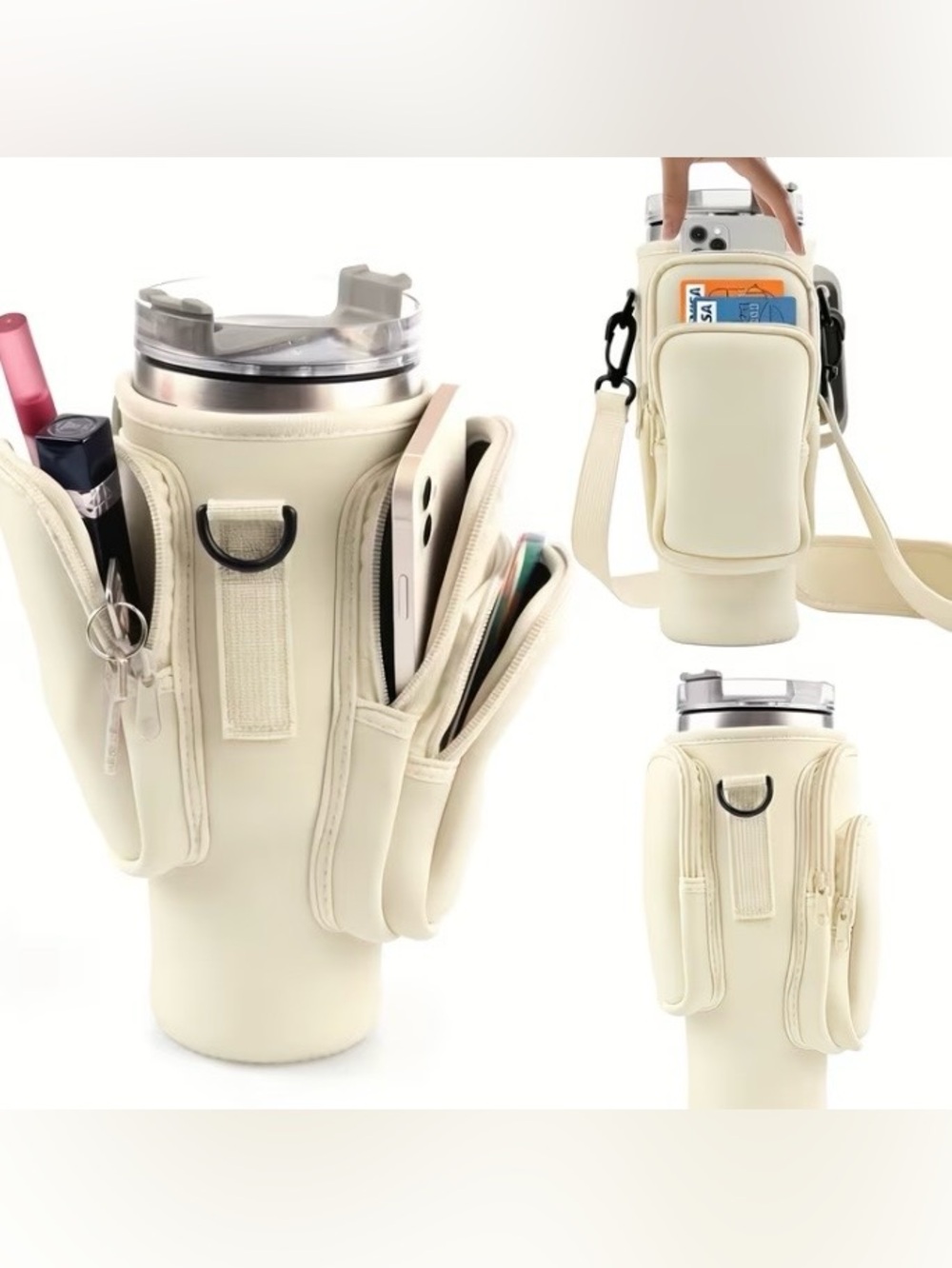 Water Bottle Carrier with Crossbody Strap and Zippered Pockets - Picture 3 of 10